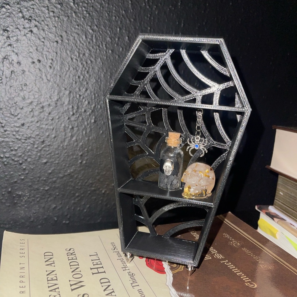 Black Coffin-Shaped Jewelry Organizer with Spiderweb Design